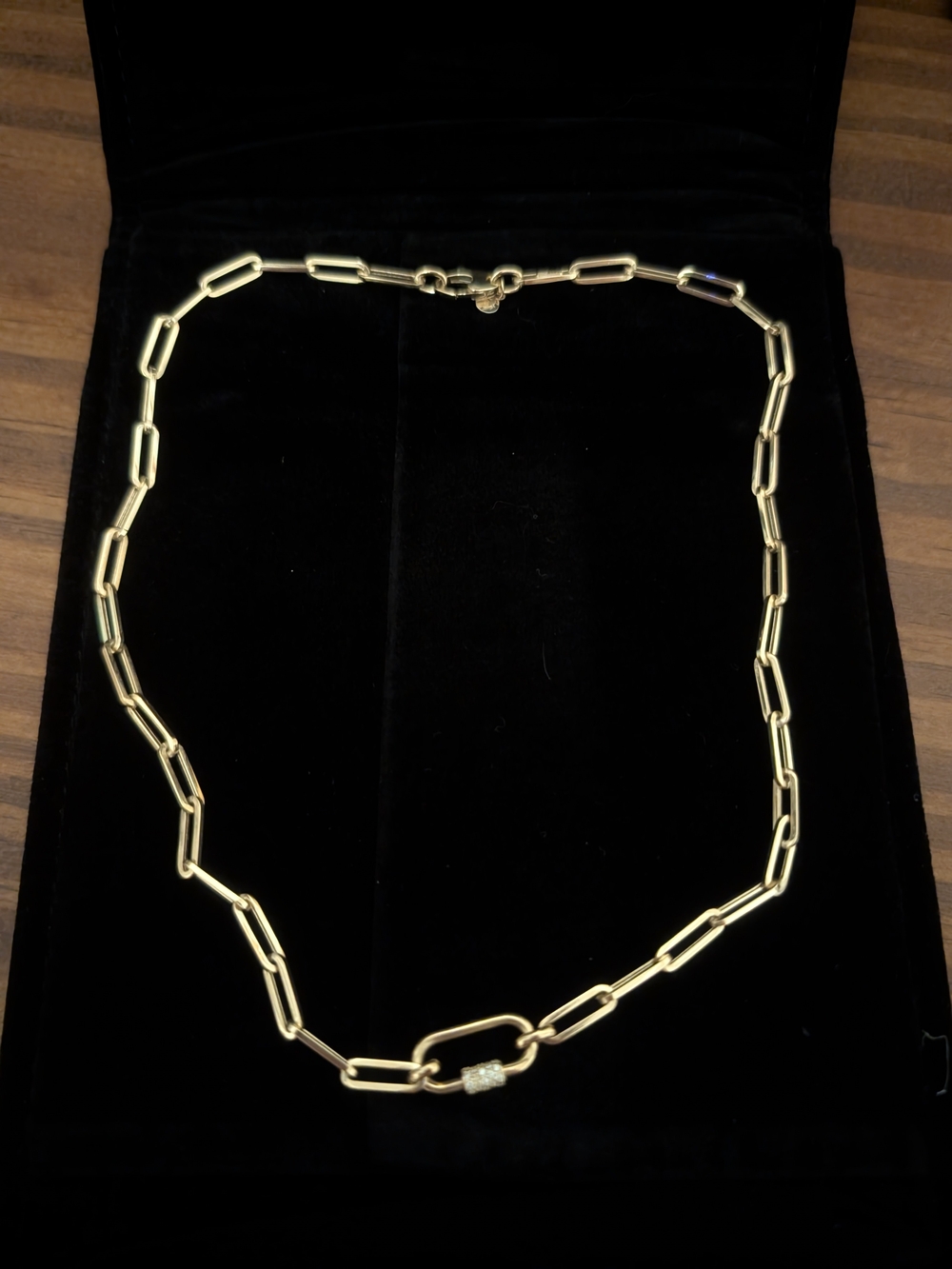 14k Gold Paperclip Chain Necklace with Pavé Charm Holder